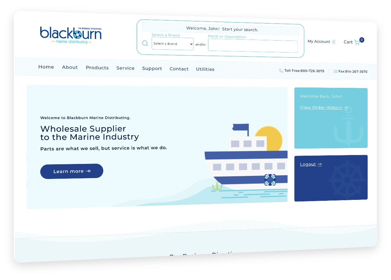 Screenshot of Blackburn Marine's home page.