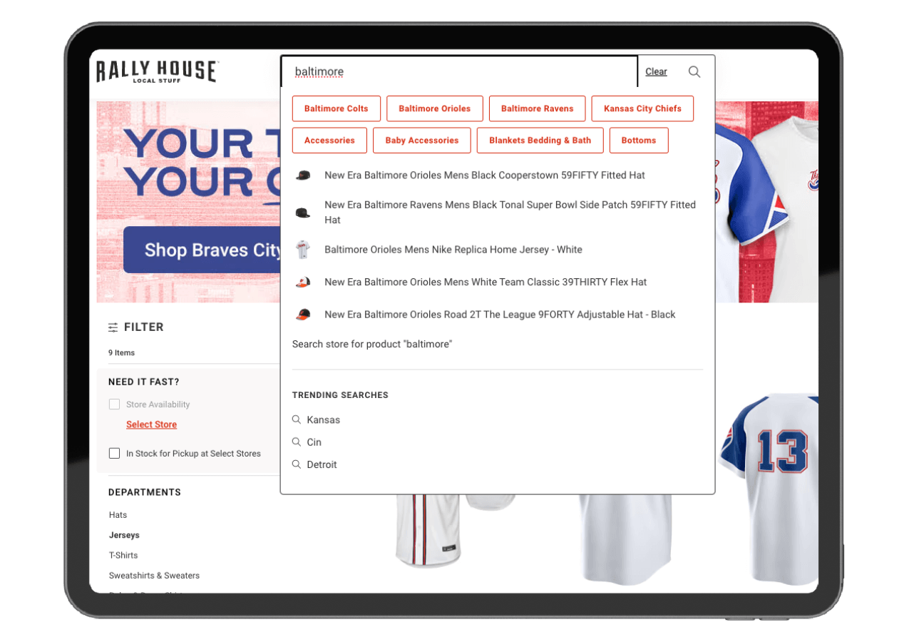 Screenshot of Rally House's search functionality on an tablet.