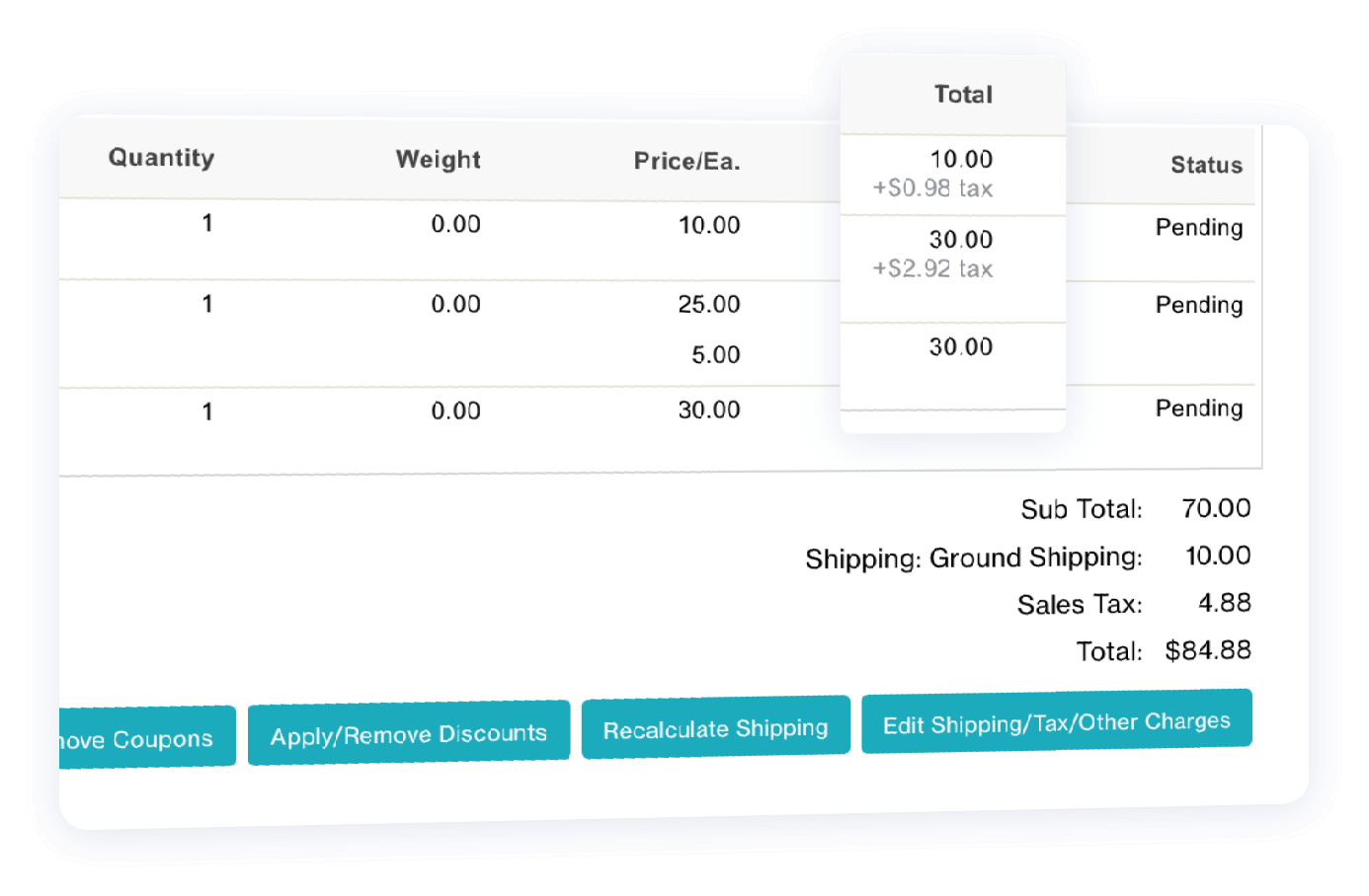 Screenshot showing item-level sales tax. Each line item in the basket is shown with different tax amounts.